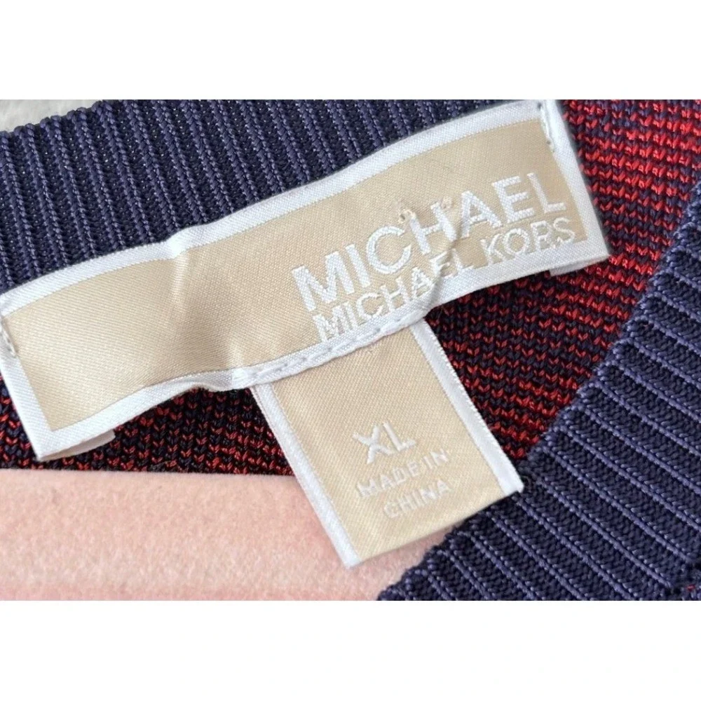 Michael‎ Kors Red Navy Leaf Print Knit Sweater Dress Long Sleeve Zipper XL